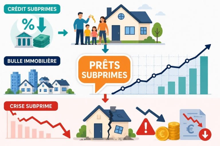 Illustration de la crise des subprimes : une maison qui se fissure avec des graphiques financiers en arrière-plan