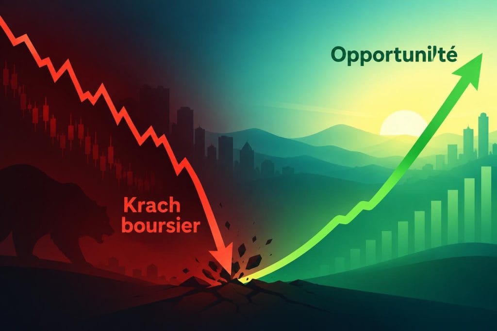 Illustration vectorielle d'un graphique boursier en chute libre rouge qui remonte vers une lueur verte, annoté Krach boursier et Opportunité.