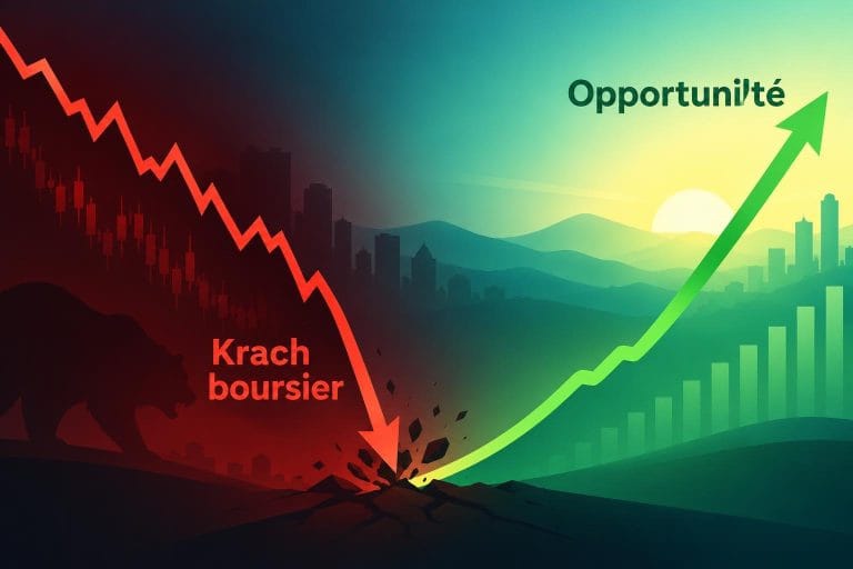 Illustration vectorielle d'un graphique boursier en chute libre rouge qui remonte vers une lueur verte, annoté Krach boursier et Opportunité.