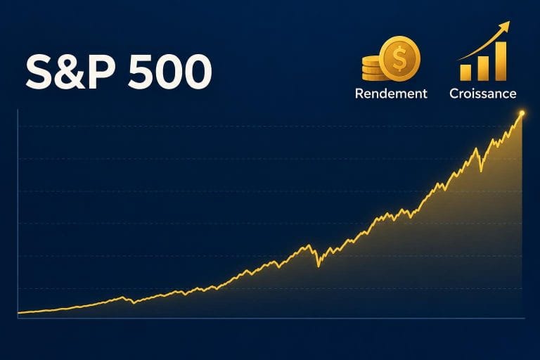 Illustration vectorielle d'un graphique financier montrant la courbe de croissance du S&P 500 avec des icônes de rendement sur fond bleu nuit.