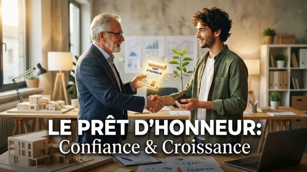 Poignée de main entre un mentor et un jeune entrepreneur scellant un prêt d'honneur, symbolisé par un parchemin et une jeune plante en croissance.