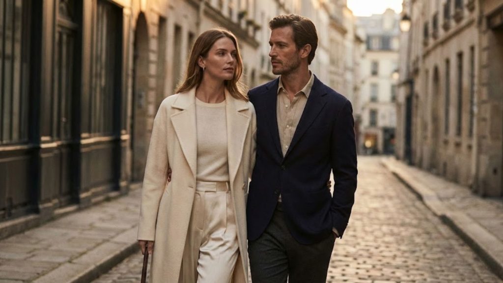 Homme et femme habillés en style Quiet Luxury ou Stealth Wealth, vêtements de haute qualité sans logo apparent.