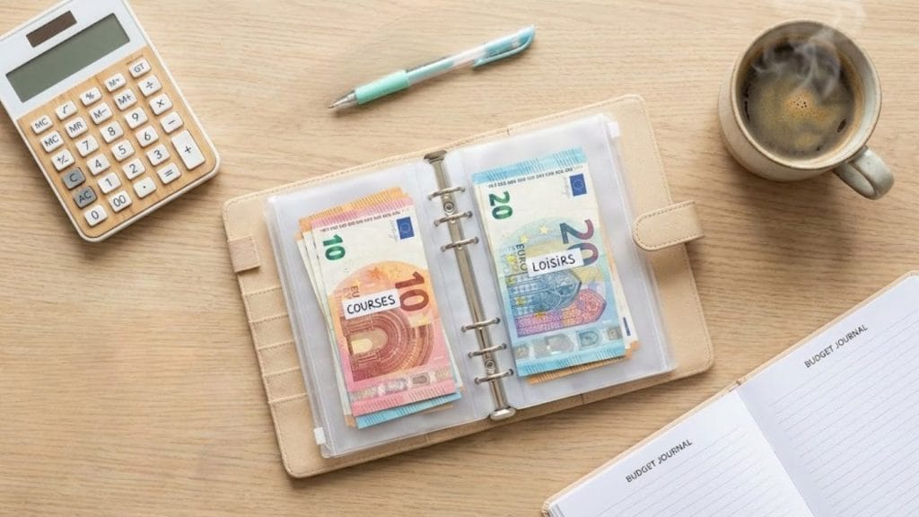 Classeur budget A6 ouvert avec des billets en euros et calculatrice pour la méthode des enveloppes.