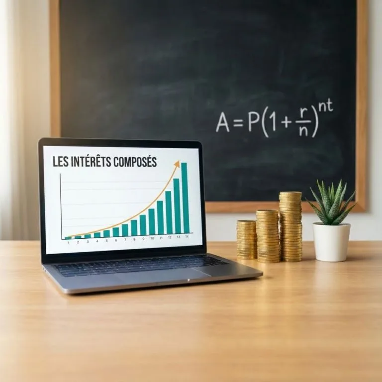 Ordinateur portable affichant un graphique de croissance exponentielle des intérêts composés, avec des piles de pièces d'or et une formule mathématique sur un tableau noir en arrière-plan.