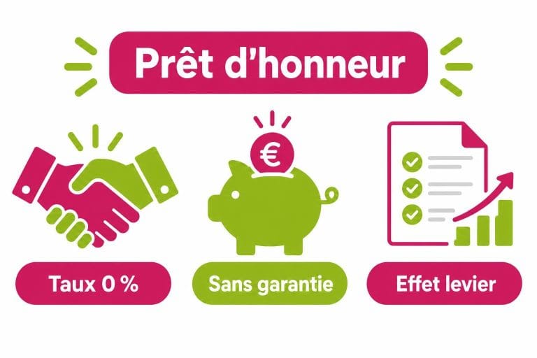 Infographie vectorielle moderne résumant les avantages du prêt d'honneur : taux zéro, absence de garantie et effet de levier bancaire.