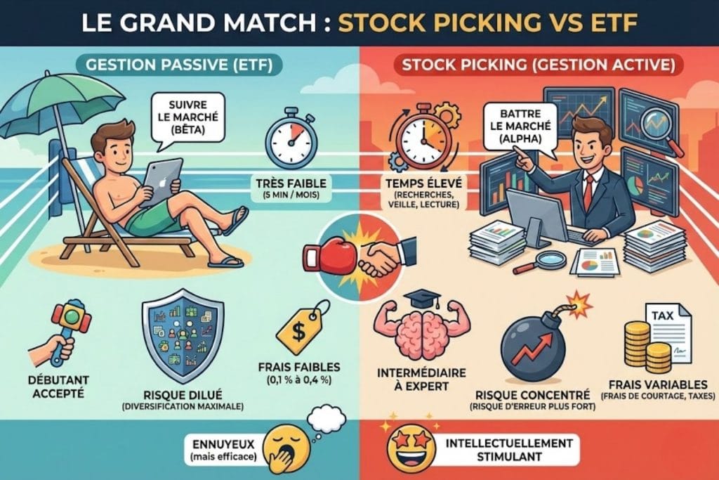 Comparatif visuel ETF vs Stock Picking : Gestion Passive vs Gestion Active pour choisir son profil d'investisseur.