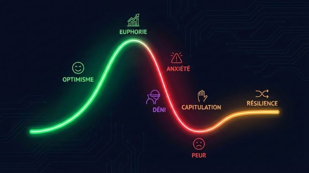 Graphique de la psychologie des cycles de marché crypto montrant les phases d'euphorie, de déni et de capitulation.