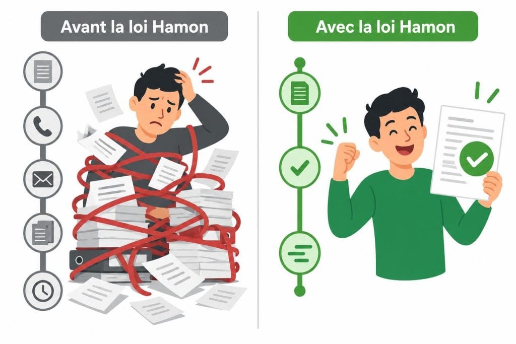 Infographie vectorielle comparant la complexité administrative d'avant la loi Hamon à la simplicité de résiliation actuelle avec des timelines colorées.