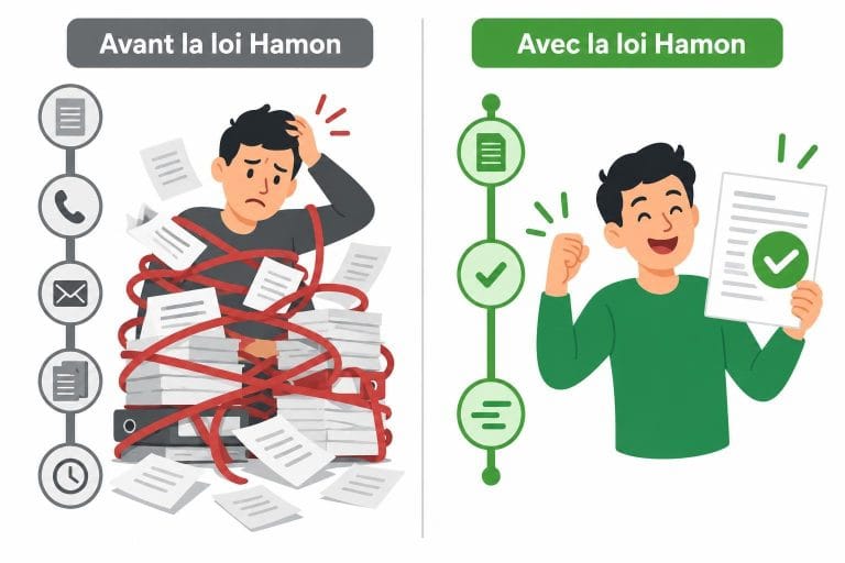 Infographie vectorielle comparant la complexité administrative d'avant la loi Hamon à la simplicité de résiliation actuelle avec des timelines colorées.