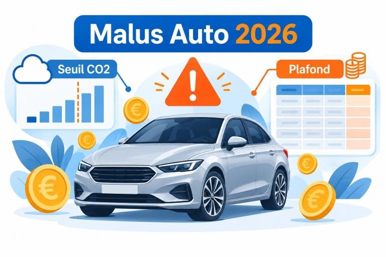 Infographie vectorielle moderne sur le malus auto 2026 montrant une voiture, des pièces et les mentions Seuil CO2 et Plafond.