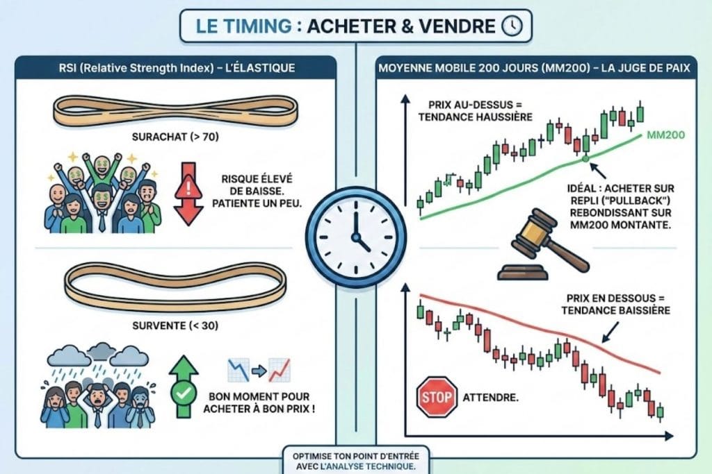 Infographie : Timing achat vente bourse avec indicateurs techniques RSI et Moyenne Mobile 200 jours (MM200) pour optimiser l'entrée.
