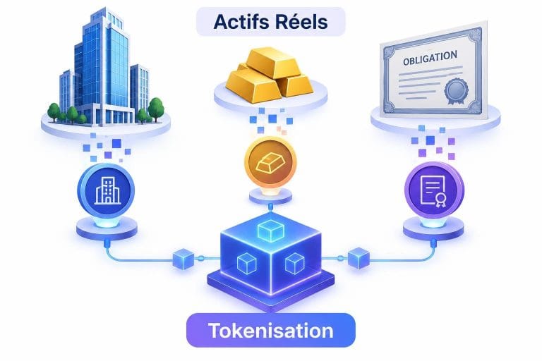 Illustration vectorielle montrant la transformation d'immeubles et d'or en jetons numériques via la tokenisation des actifs réels.