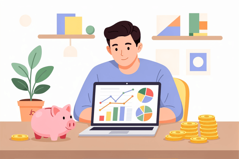 Personne consultant son budget prévisionnel sur ordinateur, illustration finance personnelle