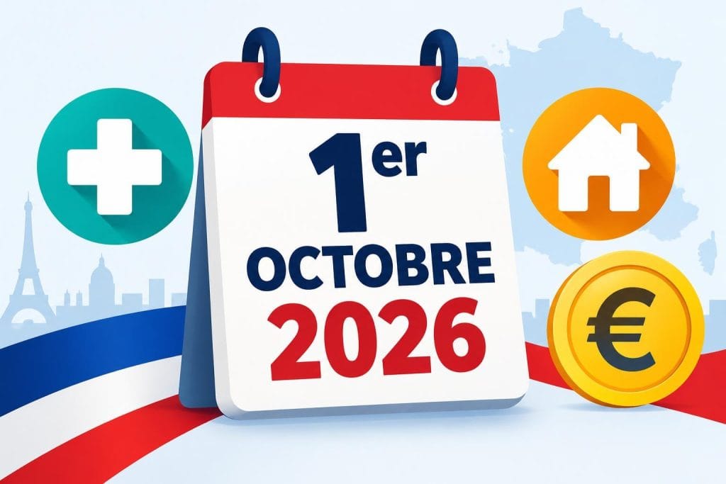 Illustration vectorielle d'un calendrier marqué 1er octobre 2026 entouré d'icônes symbolisant la santé, l'immobilier et le budget.