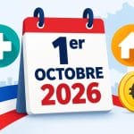 Illustration vectorielle d'un calendrier marqué 1er octobre 2026 entouré d'icônes symbolisant la santé, l'immobilier et le budget.