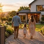 Jeune couple tenant la main d'un enfant marchant vers une maison individuelle avec jardin, symbolisant le projet d'accession à la propriété.