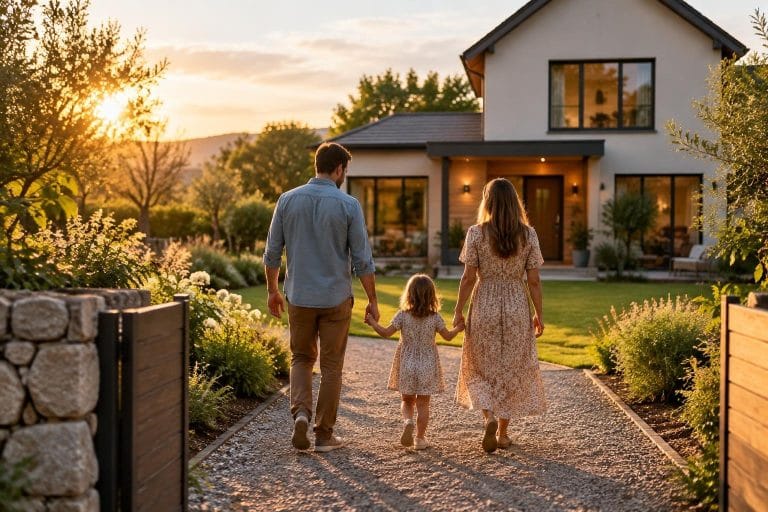 Jeune couple tenant la main d'un enfant marchant vers une maison individuelle avec jardin, symbolisant le projet d'accession à la propriété.